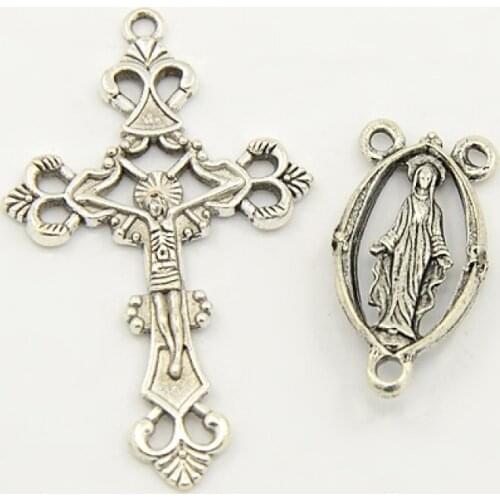 Rosary Cross and Center Sets for Rosary Bead Necklace Making Alloy Crucifix Cross Pendants and Virgin Connectors Links