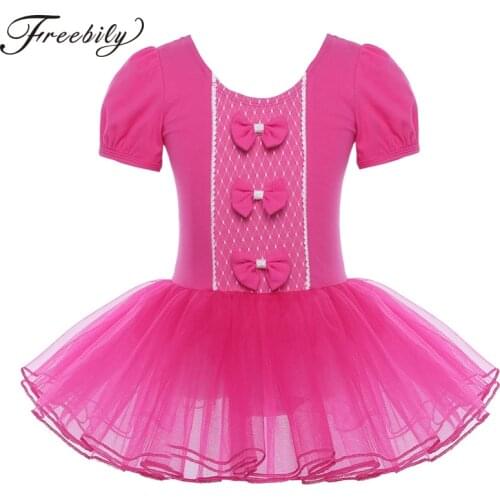 Kids Girls Mesh Short Sleeves Ballet Tutu Leotard Dress Bowknots Gymnastics Leotard Children Stage Performance Dance Costumes