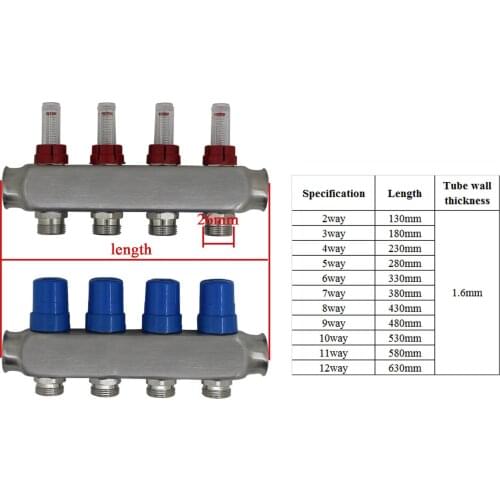 DN25 PEX1/2 2-10way 304 stainless steel floor heating manifold with flow meter heating water manifold