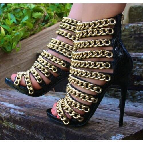 FFGHGF NEW High heels, womens black heels, black snakeskin, gold chain decoration, 11cm sexy heel sandals