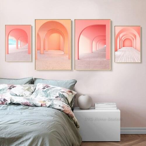 Nordic Minimalist Pink Arched Corridor Canvas Painting Picture Posters And Prints Wall Art For Modern Living Room Decoration