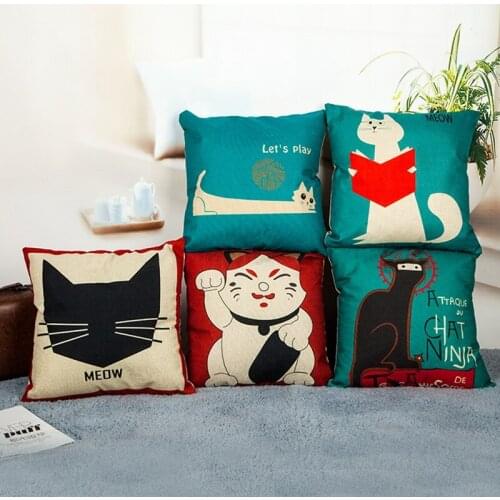 Creative Cartoon Cat Cushion Cover Cotton Linen Decorative Pillowcase Chair Seat Square 45x45cm Pillow Cover Home Living Textile