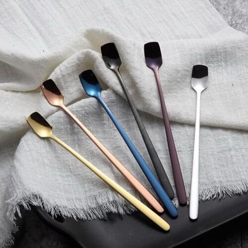 304 stainless steel long handle ice spoon creative stir spoon Korean gold-plated square head long bar spoon