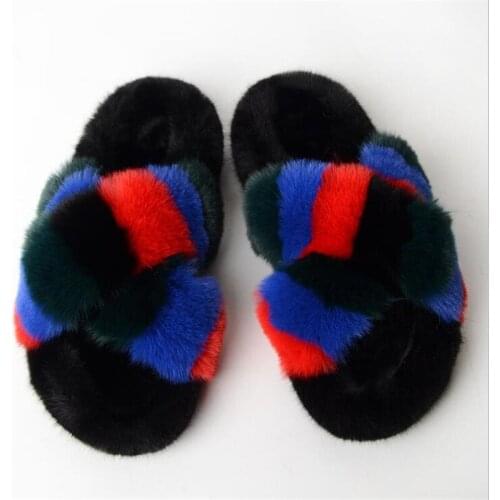 Fashion Rainbow Women Fur Slippers Winter Warm Peep Toe Cross Plush Slippers Ladies Faux Fur Flip Flops Flat Home Furry Shoes