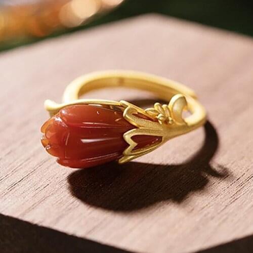 Natural Khotan jade Original New Silver Inlaid Magnolia Orchid High Quality Retro Temperament Ms. Opening Adjustable Ring