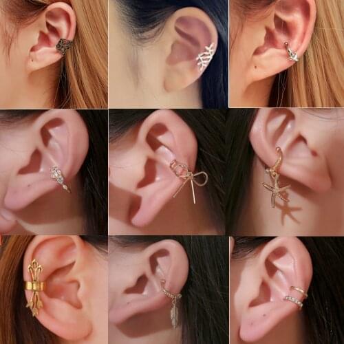 New Trendy Simple U-shaped Ear Cuff Non Pierced Clip Earring Cute Small Bowknot Hollow Carved Leaf Arrow Star Moon Leaf Earrings