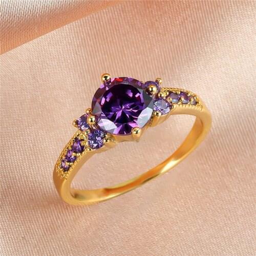 Charm Female Purple Crystal Stone Ring Yellow Gold Color Thin Wedding Rings For Women Luxury Round Zircon Engagement Ring