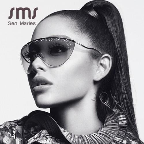 Oversized Rimless Sunglasses Women Luxury Rhinestone Sunglasses Unique Curved Legs Vintage One Piece Clear Lens Crystal Glasses