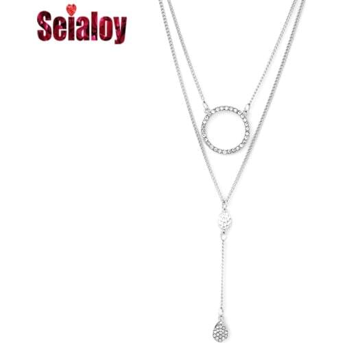Seialoy Fashion Silver Color Round Dangle Crystal Drop Pendant Necklace For Women Girls Silver Color Necklace Jewelry Gift