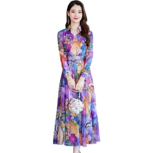 Silk dress long sleeve stand-collar 2020 autumn new fashion mid-waist temperament wide wife suit long dress A550