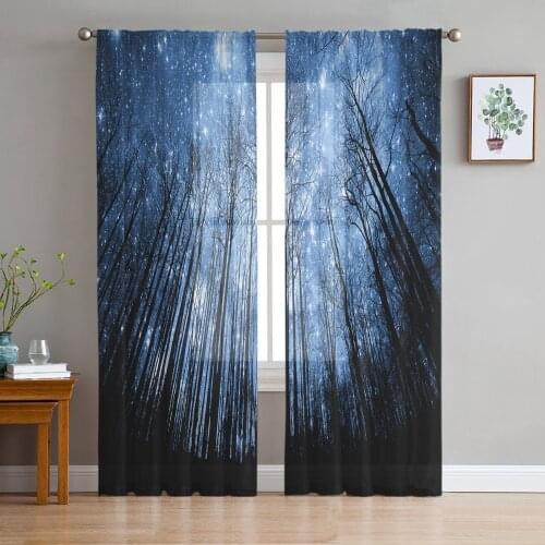 Forest Sky Stars Moon Curtain Window Tulle For Living Room Bedroom Kitchen Chiffon Sheer Window Treatment Decorations