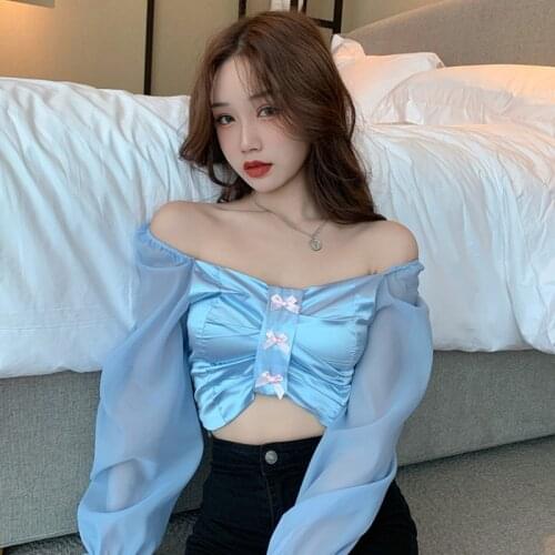 Bow Blue Off Shoulder Crop Top Slim Fashion Brand Black Sexy Club Autumn Style Women Blouses Slash Neck Shirts Low-cut New