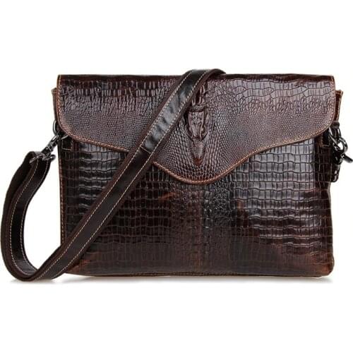 Nesitu Brown Crocodile Alligator Pattern Vintage Genuine Leather Cowhide Small Men Messenger Bags Clutch Purse Ipad Bag #M7267