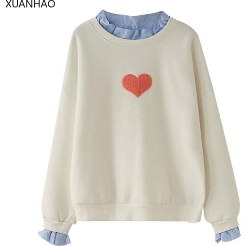 XUANHAO Winter Women Preppy Style Sweatshirts Flare Sleeve False 2 Pieces Patchwork Pullovers Heart Embroidery Kawaii Sweatshirt