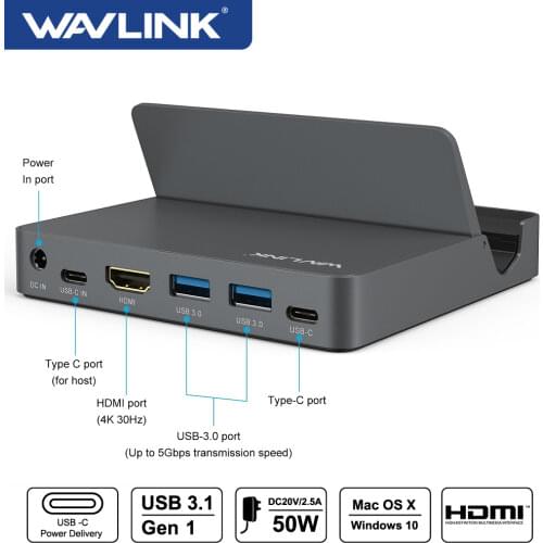 Wavlink Aluminum USB Docking Station USB 3.1 Gen 2 Type C Display with Power Delivery 4K@30Hz 2K@60Hz HDMI For phone laptop