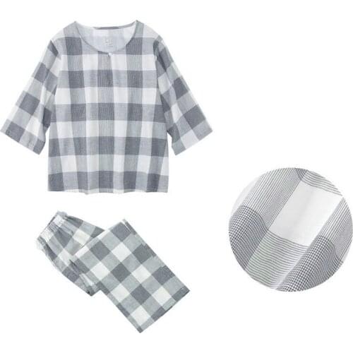 100% Cotton Spring Summer Pajamas Women Half Sleeve Plaid Nine Point Pant 2 Piece Set Loose Loungewear Pijamas Female Home Suit