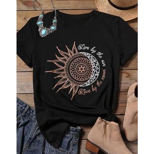 2020 Women Casual Fashion T-shirt Letter Sun Moon Print Loose O-neck Short Sleeve Elastic Stretched Tshirt Summer Tops New