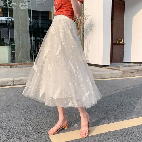 Feather Embroidery Mesh Long Skirt Women Summer 2021 High Waist A-Line Skirt Female Harajuku Sweet Fashion Trend