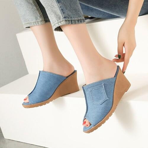 New Women shoes Summer sandals Wedge slippers 2020 Denim Slip On Platform sandals ladies outdoor slippers 34-43 sandalias mujer