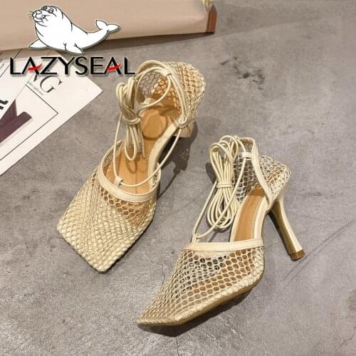 LazySeal Summer 8cm Thin Heels Sandals For Women Cross-tied Slides Classics Summer Cool Slippers Air Mesh Female Dress Shoes