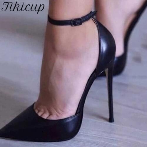 Tikicup White Patent Leather Women Ankle Strap D'orsay Stiletto Pumps Pointed Toe Sexy High Heel Shoes 8cm 10cm 12cm Customize