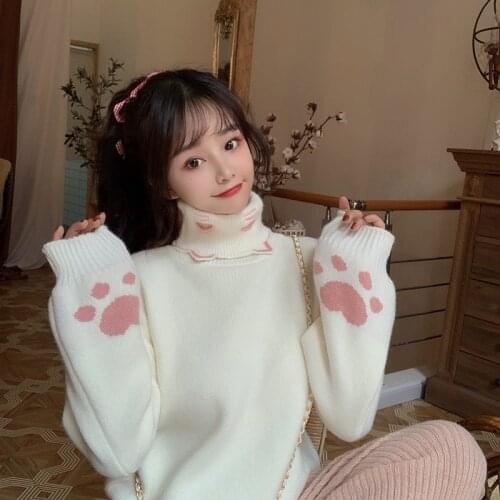2021 Winter Japanese Cute Kitty Pattern High Neck Women Sweater Fashion Harajuku Long Sleeve Pullover Casual Teen Girls Jumper
