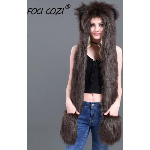 Winter Accessories Animal Hooded Scarf Gloves Mittens Faux Fur Brown Bear Hat 3-in-1 Function Soft Furry Hoodie with Paws Ears