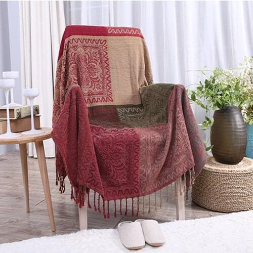 Bohemian Chenille Blanket for Couch Sofa Decorative Slipcover Throws Plaid Rectangular Boho Stitching Travel/Plane Blanket