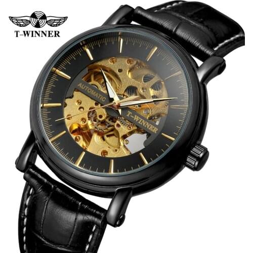 T-Winner Mens Automatic Self-wind Luxury Creative Skeleton Analog Wristwatch with Leather Strap Transparent Mechanical Clock