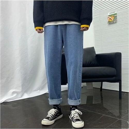 Jeans Men Loose Straight Leg Pants Elastic Waist Teenager Casual Elastic Pants Mouth Kpop Clothes Hip Hop Wide Leg Long Retro