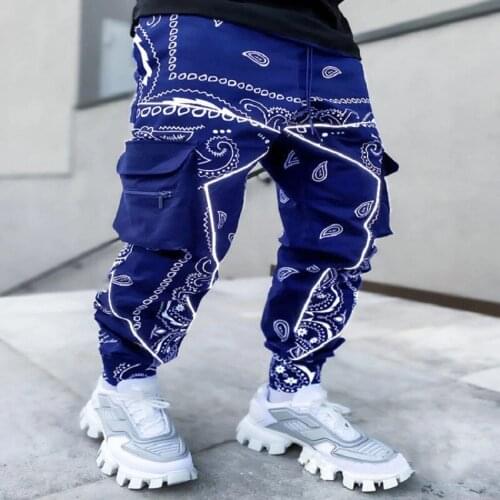 Hip Hop Joggers Casual Hip Hop Hit Baggy Pockets Trousers Techwear Male Blue Printing Ankle Style Beam Feet Long Cargo Pants
