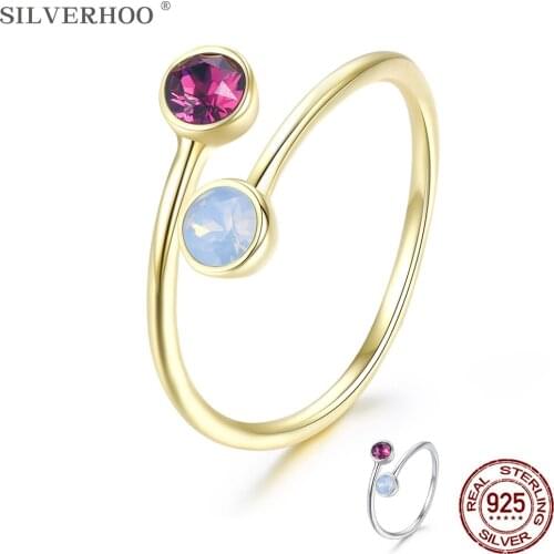 SILVERHOO 925 Sterling Silver Rings For Women Adjustable Opening Romantic Color Austria Crystal Female Wedding Ring Jewelry
