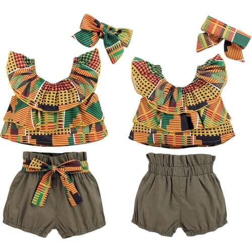 Pudcoco Three Piece Girl’s Clothes Fashion Geometric Print Sleeveless Tops And Solid Color Short Pants With Headband 2021 New