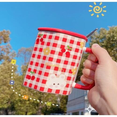 Korean ins cute bear mug girl like strawberry cups ceramic coffee cup with lid spoon home water cup breakfast cup milk juce mug