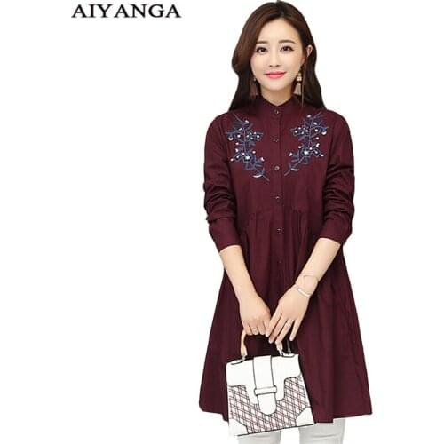 Fashion Vintage Women A-line Office Dress Vestidos 2018 Female Pure Size Embroidery Sexy Mandarin Neck Full Sleeve Party Dresses