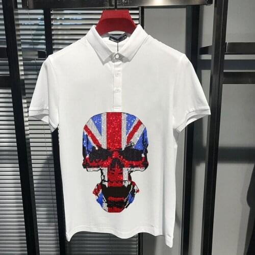 Mens Short Sleeve Lapel Design Jogging Polo Shirt Popular Trend Rhinestone Male Perfect Diamond Tops Fashion Skull