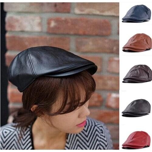 Mens Womens Faux Leather Peaked Cap Newsboy Bonnet Beret Cabbie Gatsby Flat Golf Hat