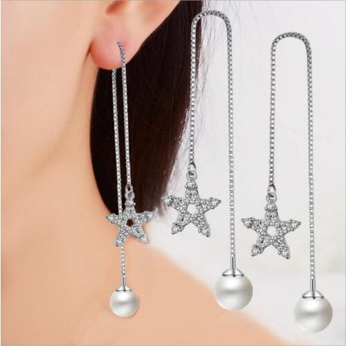 Real Pure 925 Sterling Silver Long Star Real Pearls Earrings For Women Girls Christmas Gift Fashion Sterling-silver-jewelry