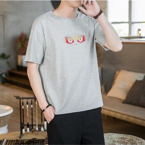 2021 New Chinese Style MenS T-Shirt Large Size Fairy Embroidery Cotton Short Sleeve MenS Casual Wild Loose Men Clothing 30036