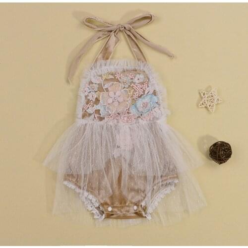 0-2T Baby Summer Halter Lace Mesh Romper Jumpsuit Baby Girl Lace Flower Pattern Mesh Lace Trim Jumpsuit With Beads