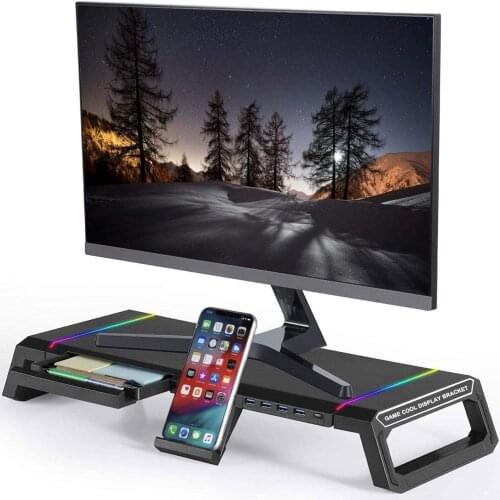 Monitor Stand Riser Foldable, RGB Computer Monitor Riser with 4Pcs USB Port, with Cell Phone Holder
