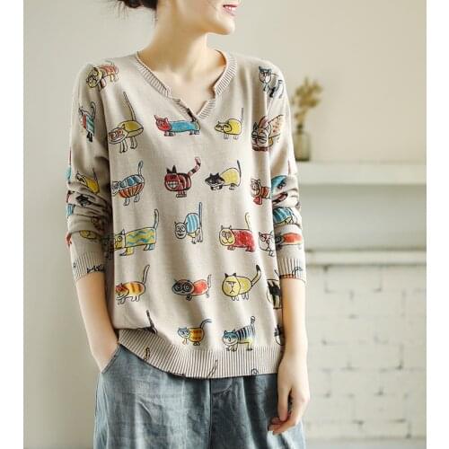 Cute Lovely Cartoon Cat Printing Women Loose Pullovers Thin Tops Spring Long Sleeved Casual Harajuku Knitted Sweater V Neck Pull