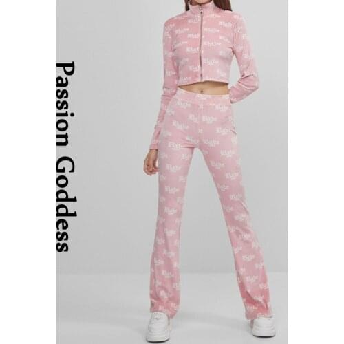Cute Women 2 Piece Velvet Sets Soft Cosy Tracksuits Babe Letter Printed Zipper Jackets High Waist Flare Pants Two Piece Outfits