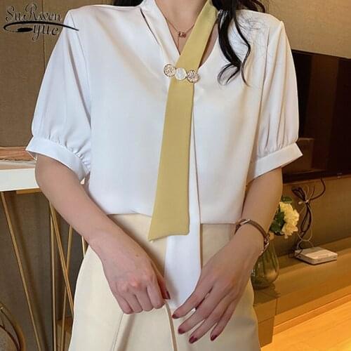 Vintage Necktie Sexy V-neck Short Sleeve Womans Shirt Korea Style Blouse Women 2021 Summer New Puff Sleeve Chiffon Blouse 10352
