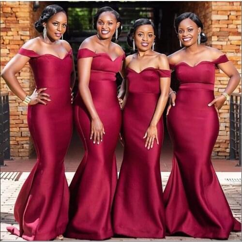 African Dark Red Mermaid Bridesmaid Dresses Long Off Shoulder Wedding Guest Dress Satin Cheap Party Gowns