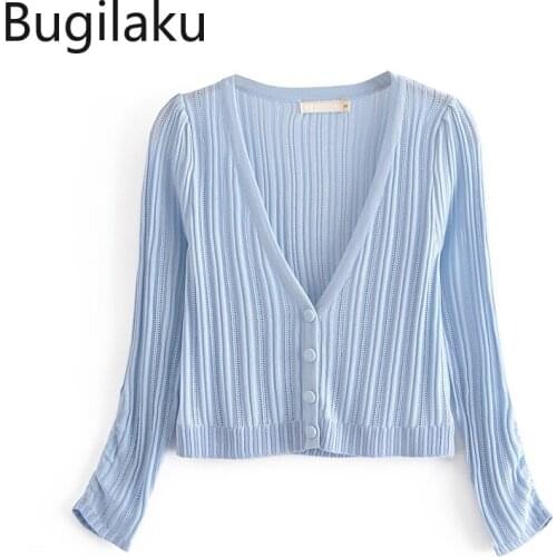 Bugilaku Unicolor Y2K Tops V Neck Long Sleeve Cropped Cardigan Casual All-match Single Breasted Knitwear High Street Jackets Top