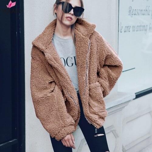 VOLALO Warm Winter Faux Fur Coat Women Fashion Turn Down Collar Zipper Jacket Outwear Coats Ladies Female Fur Coat Outerwear