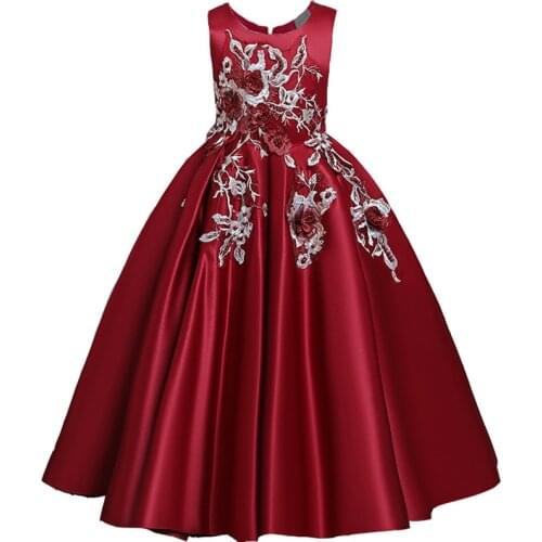 High-grade Embroidered Girls dress Satin Sleeveless wedding kids dresses for girls Princess dress flower elegant Ceremony teens