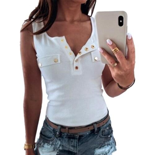 Women Sexy Solid Color V Neck Sleeveless Buttons Ribbed Slim Blouse Top Vest Sleeveless Buttons Ribbed Slim Blouse Top Vest