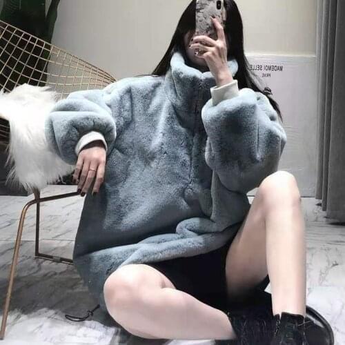 JuneLove Turtleneck Furry Sweatshirt Women Winter Casual Plush Faux Fur Coat Vintage Thick Korean Zipper Keep Warm Hoodies Tops